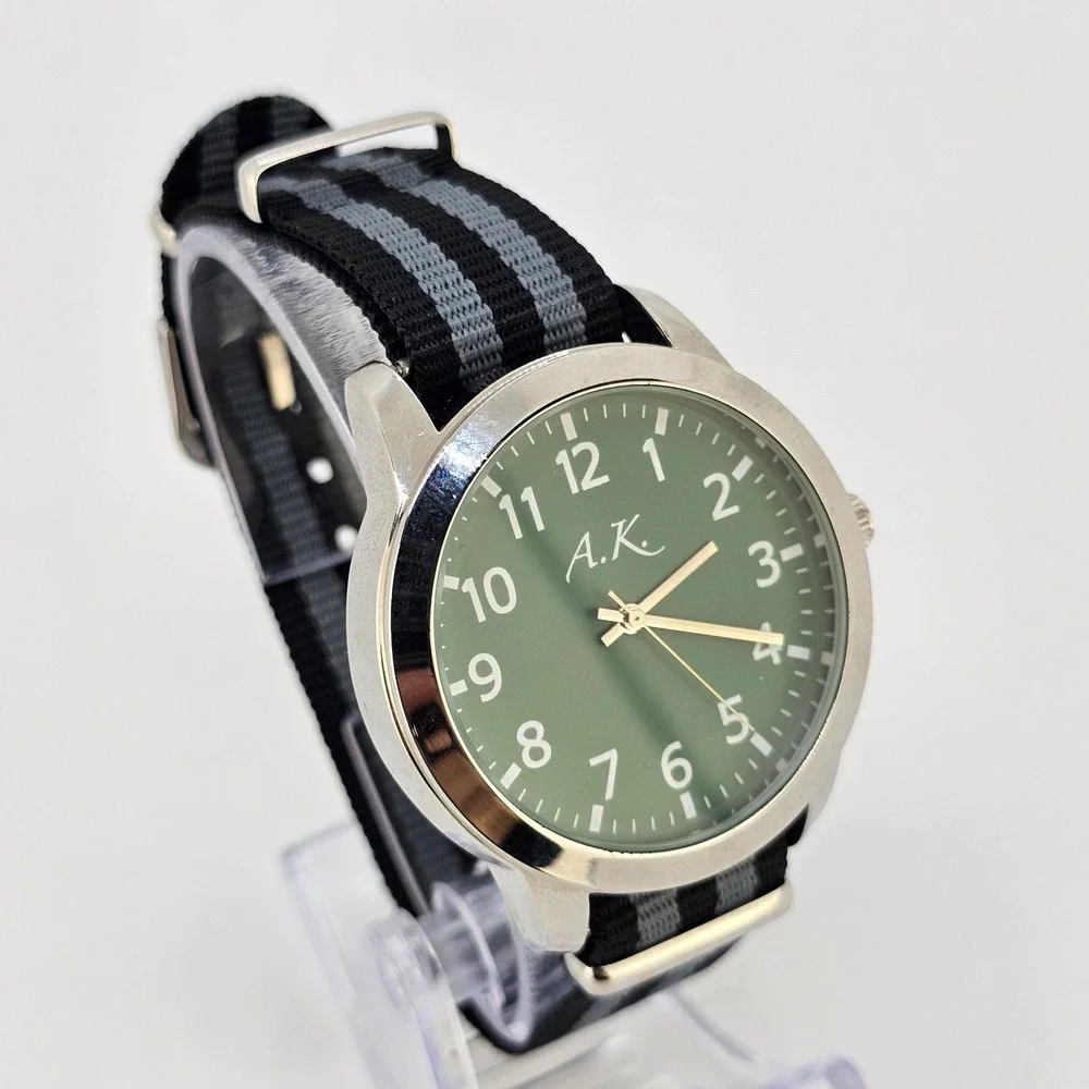 Men's Analog Watch 41MM Green Dial NEW Black Gray Canvas Band NEW Battery